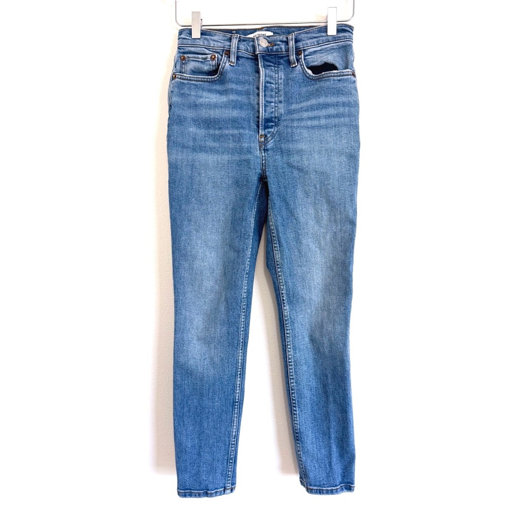 RE/DONE 90s High Rise Ankle Crop Straight Jeans in Medium Wash Blue